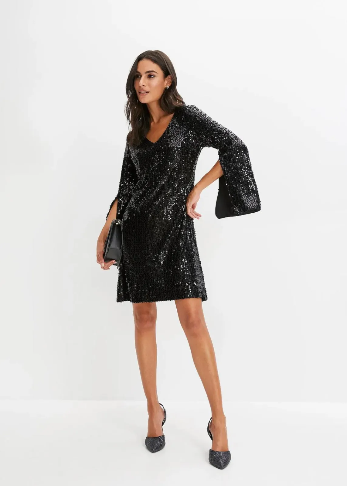 bonprix Bekleidung·Pullover & Strickjacken|Kurzgrößen^Paillettenkleid mit Trompeten-Ärmel schwarz