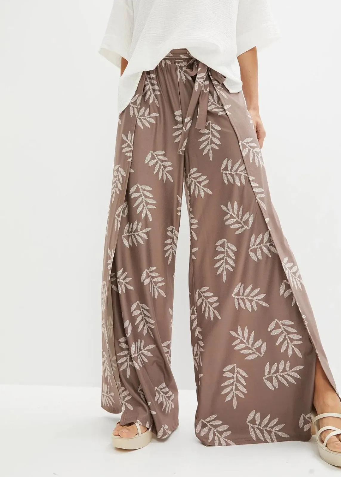 bonprix Bekleidung·Kleider|Hosen^Palazzo-Hose taupe/wollweiß bedruckt