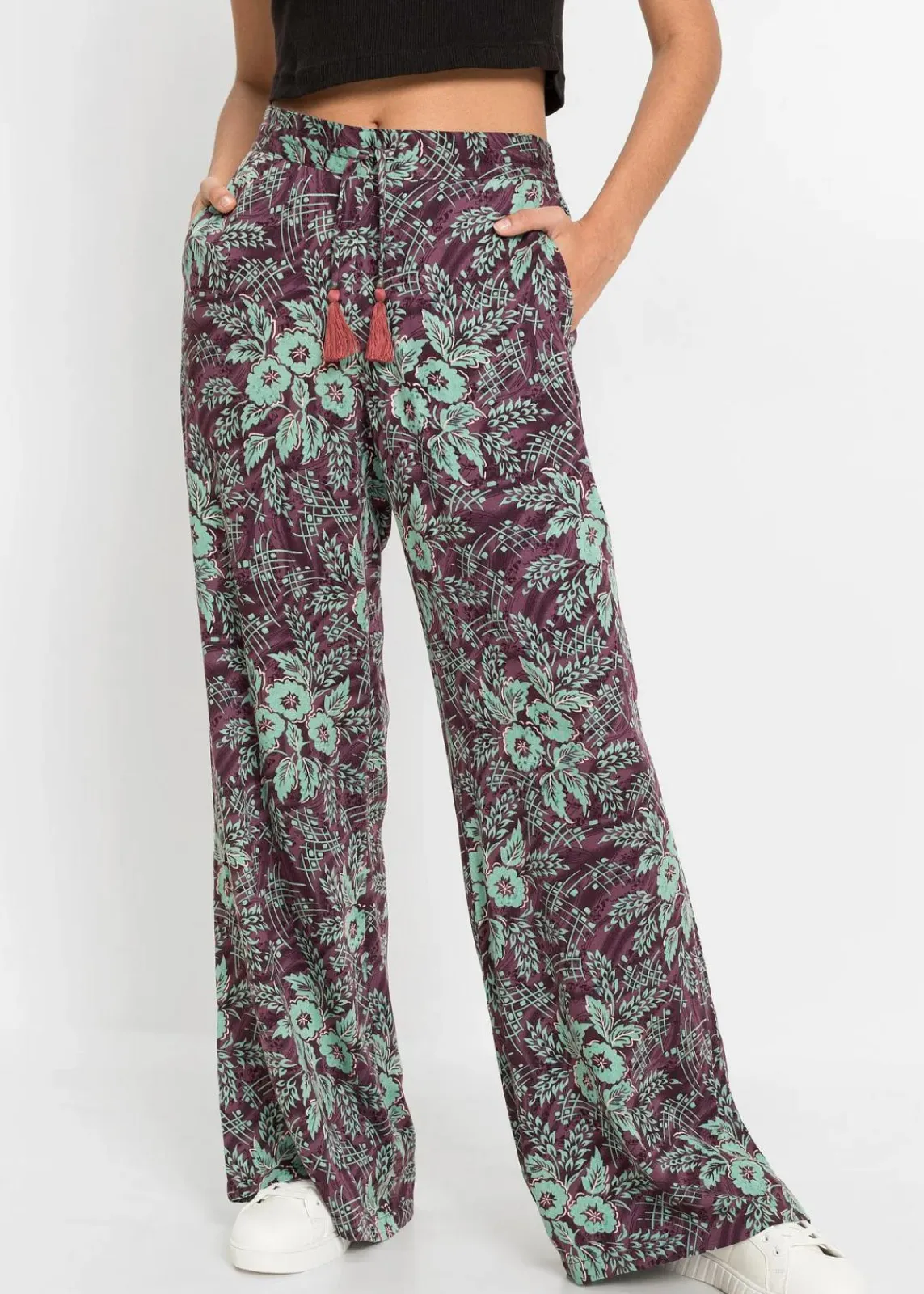 bonprix Bekleidung·Kleider|Hosen^Palazzo-Hose aus fließender Viskose beere/salbeigrün geblümt