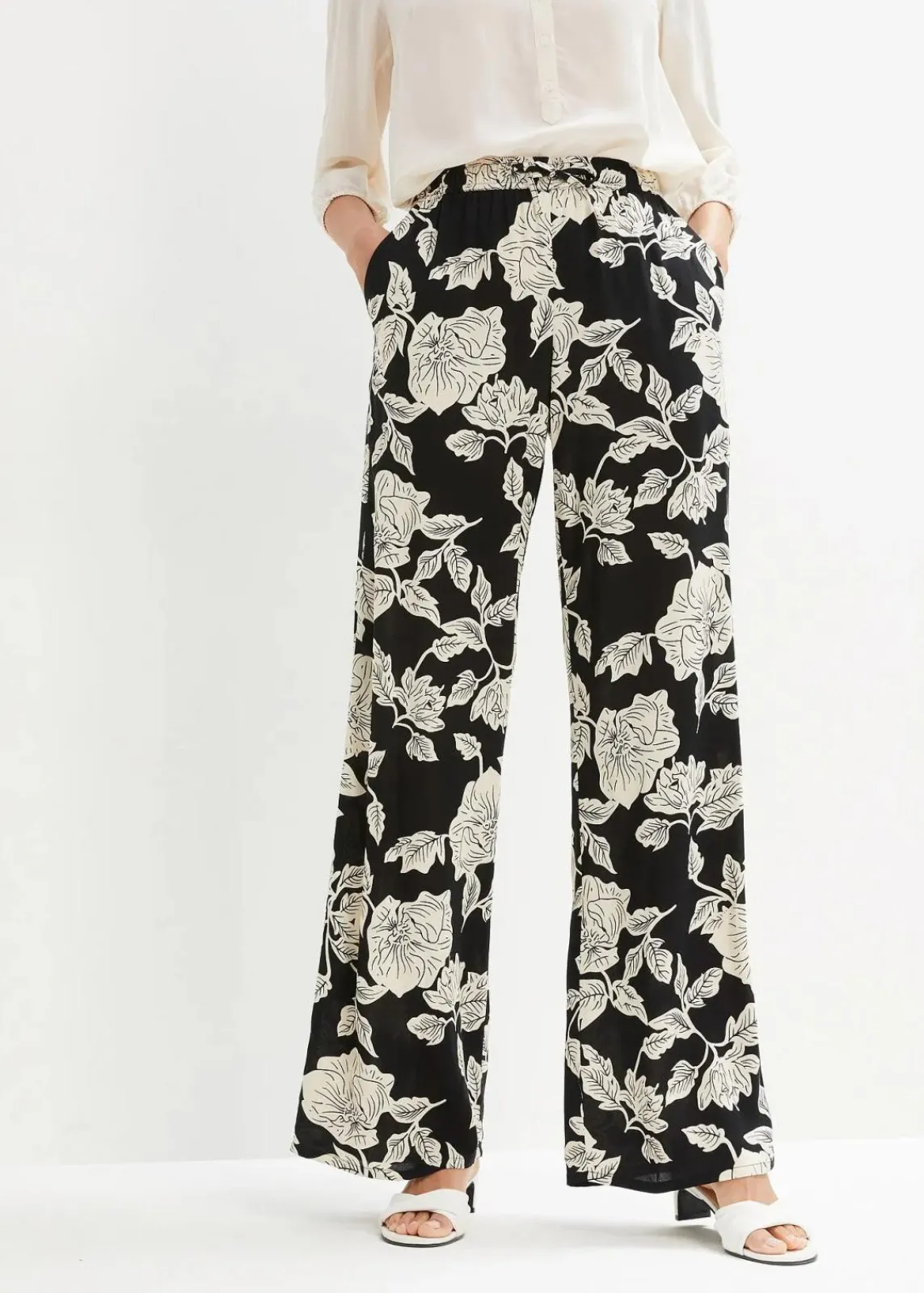bonprix Bekleidung·Kleider|Hosen^Palazzo-Hose aus fließender Viskose schwarz/kieselbeige geblümt