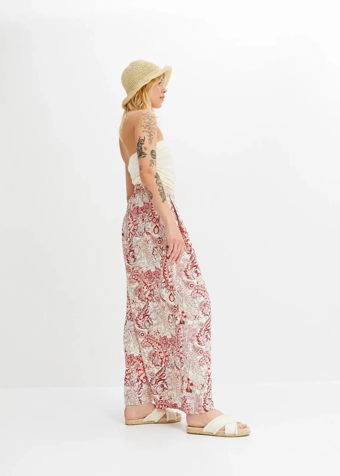 bonprix Bekleidung·Kleider|Hosen^Palazzo-Hose aus fließender Viskose wollweiß/bonbonrosa/rot paisley