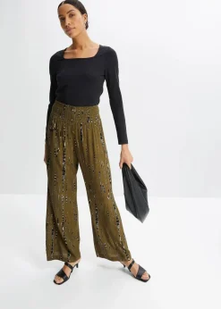 bonprix Bekleidung·Kleider|Hosen^Palazzo-Hose aus fließender Viskose khakigrün/schwarz bedruckt