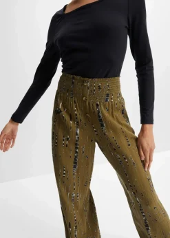 bonprix Bekleidung·Kleider|Hosen^Palazzo-Hose aus fließender Viskose khakigrün/schwarz bedruckt