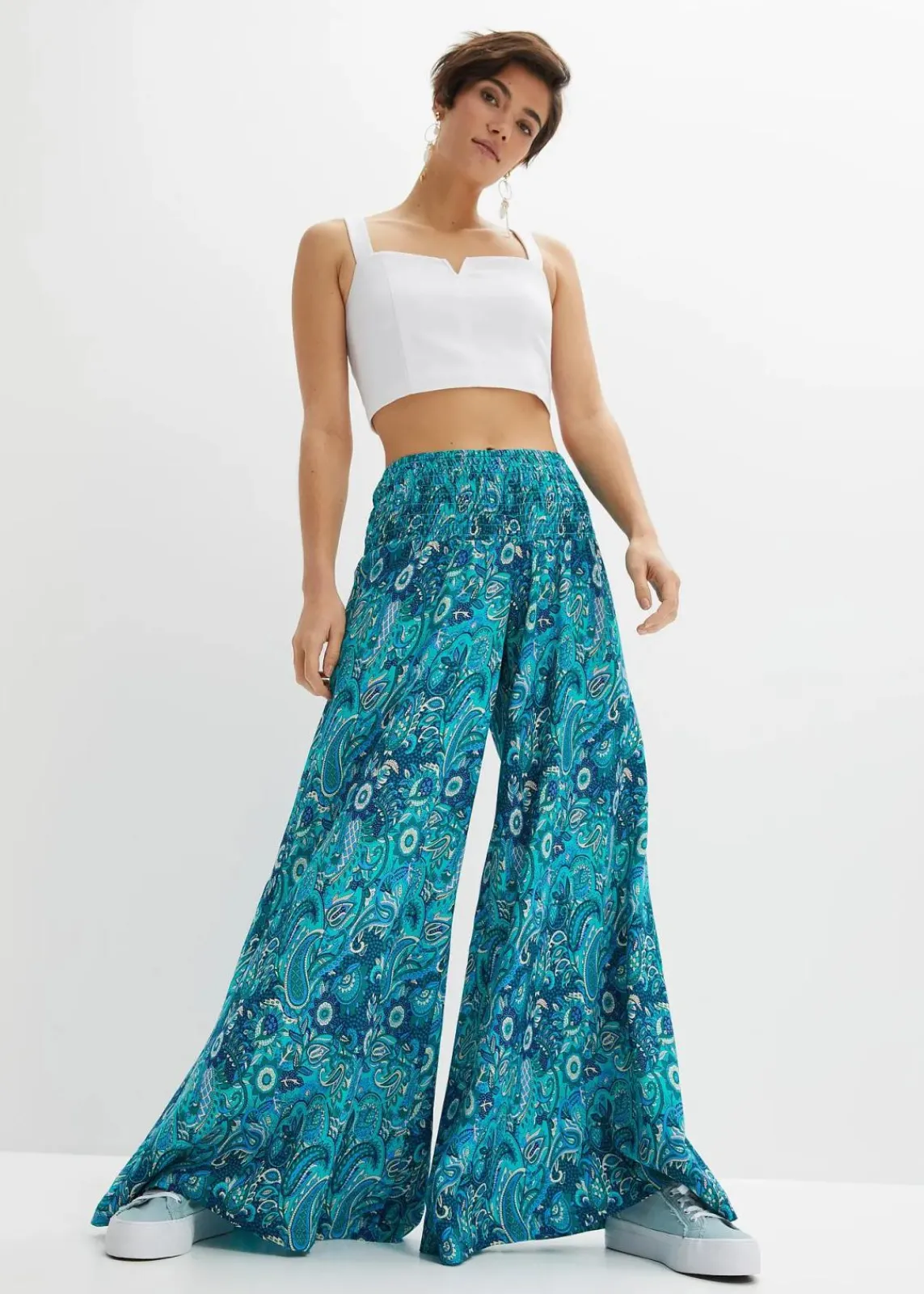bonprix Kurzgrößen|Bekleidung·Kleider^Palazzo-Hose aus fließender Viskose dunkelsmaragd/mittelblau paisley