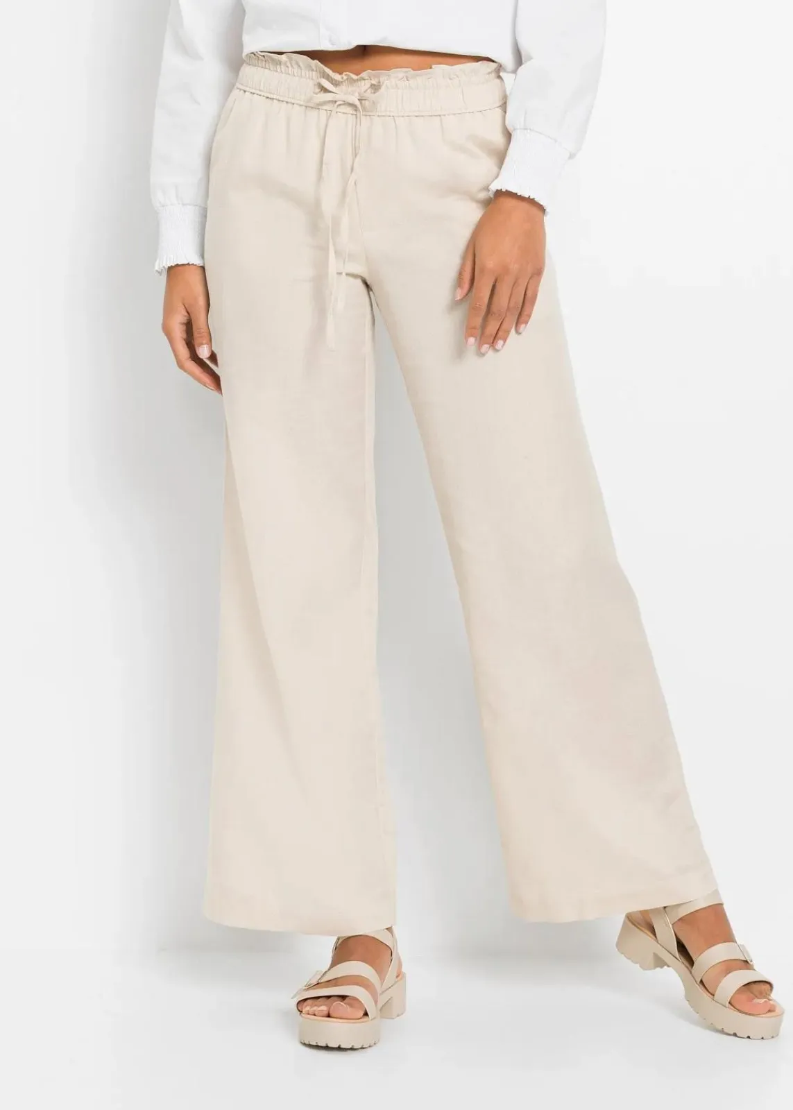 bonprix Kurzgrößen|Hosen^Palazzo-Hose aus luftigem Leinen-Mix kieselbeige