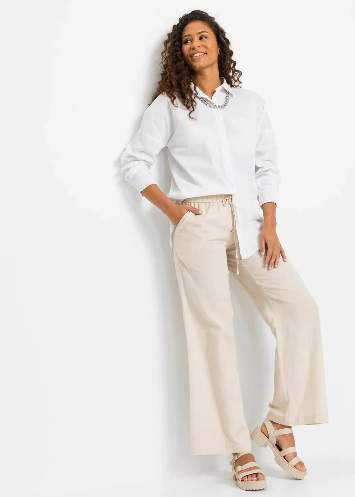 bonprix Kurzgrößen|Hosen^Palazzo-Hose aus luftigem Leinen-Mix kieselbeige