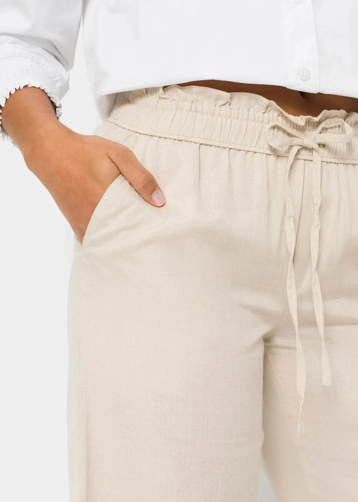 bonprix Kurzgrößen|Hosen^Palazzo-Hose aus luftigem Leinen-Mix kieselbeige
