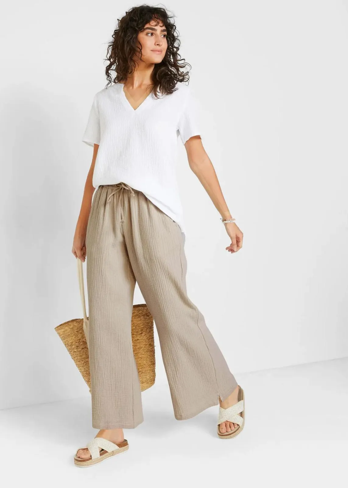bonprix Kurzgrößen|Bekleidung·Kleider^Palazzo-Hose aus Musselin steingrau