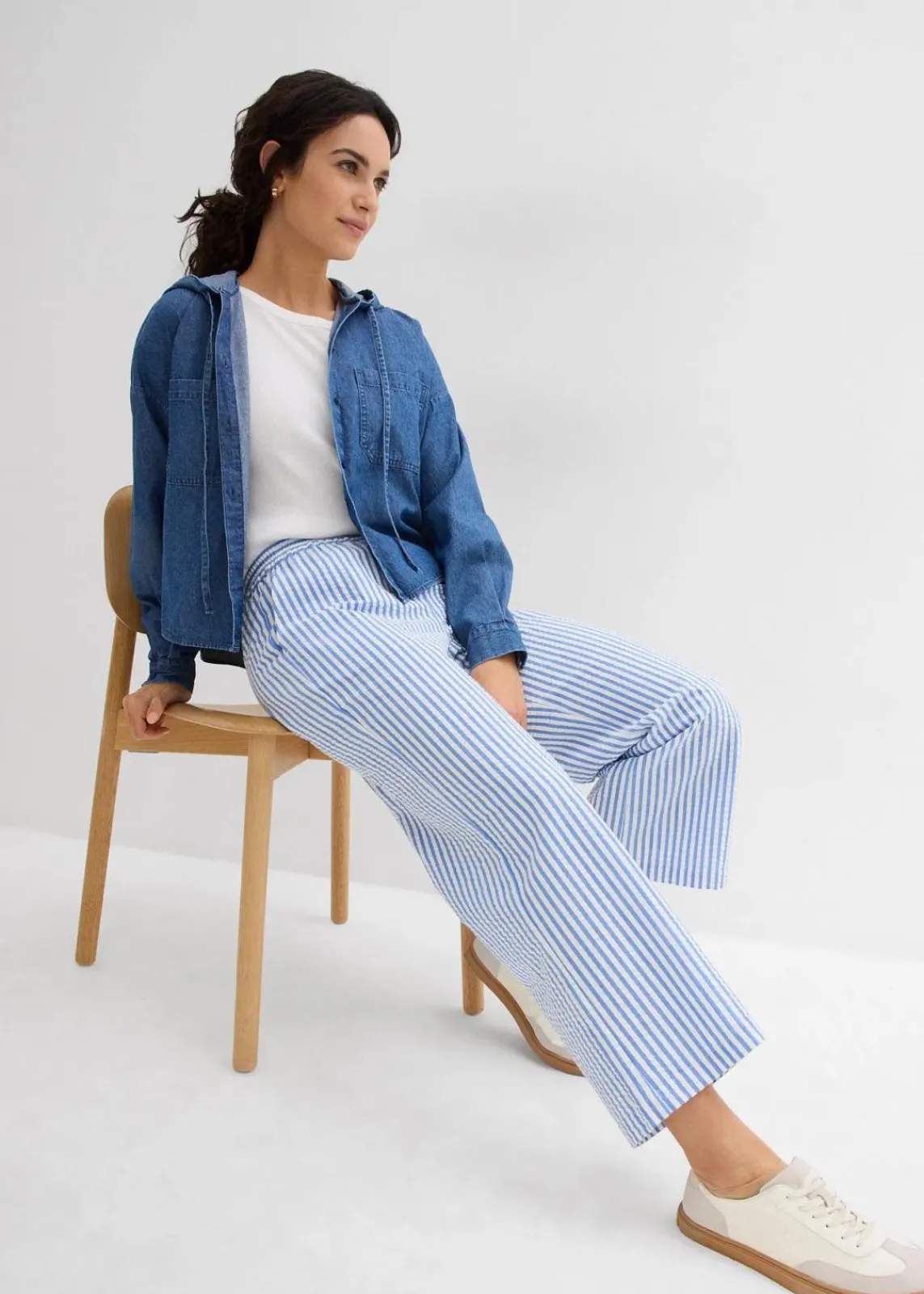 bonprix Hosen|Bekleidung·Kleider^Palazzo-Hose aus Seersucker, 7/8 Länge gletscherblau/wollweiß
