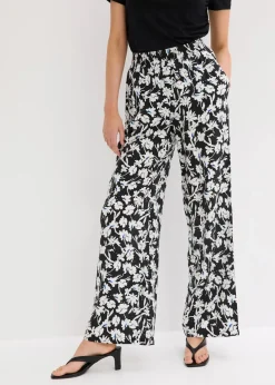 bonprix Bekleidung·Kleider|Hosen^Palazzo-Hose aus strukturiertem Material schwarz/wollweiß geblümt