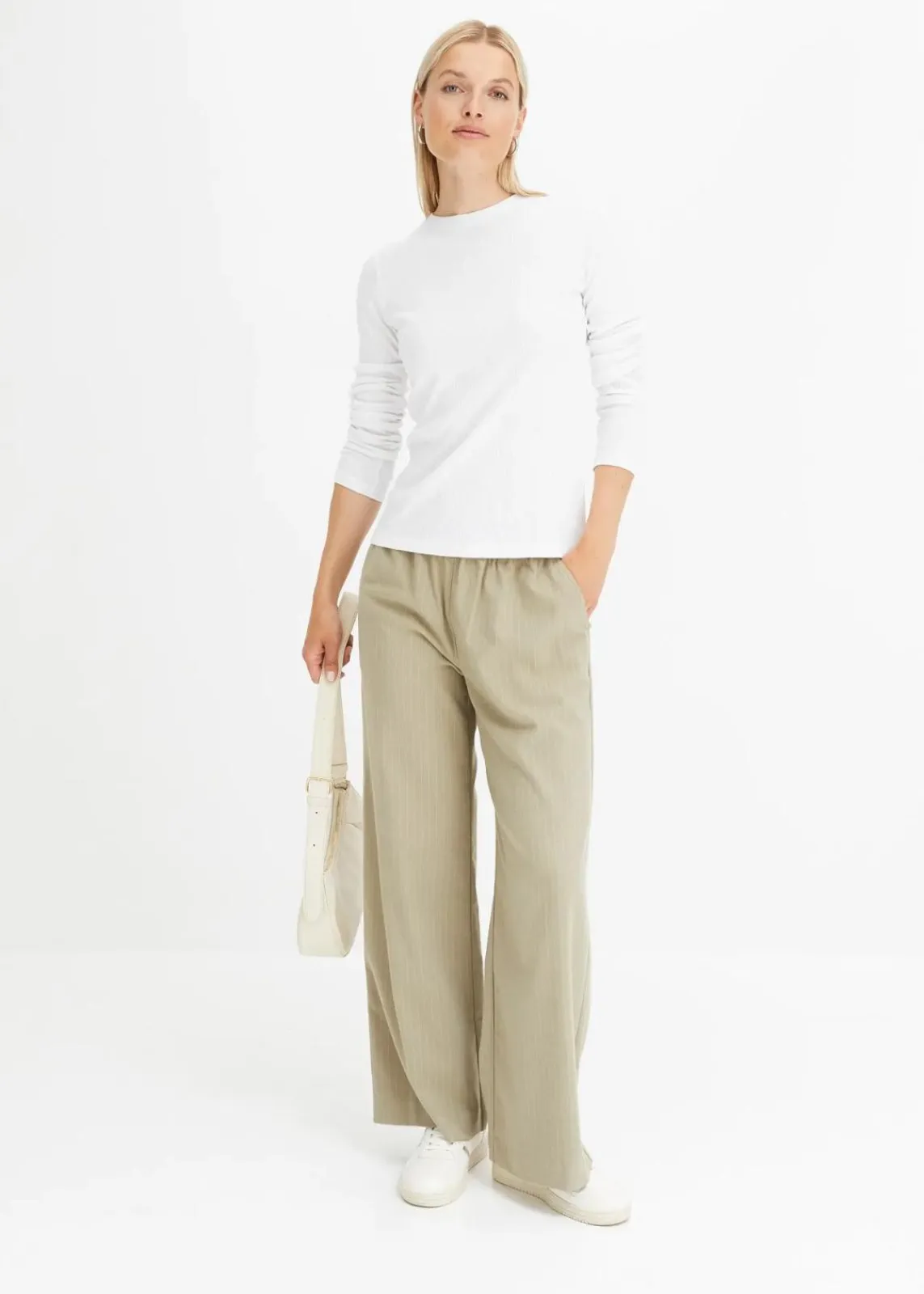 bonprix Bekleidung·Kleider|Nachhaltigere Materialien^Palazzo-Hose in Wolloptik new khaki/wollweiß gestreift