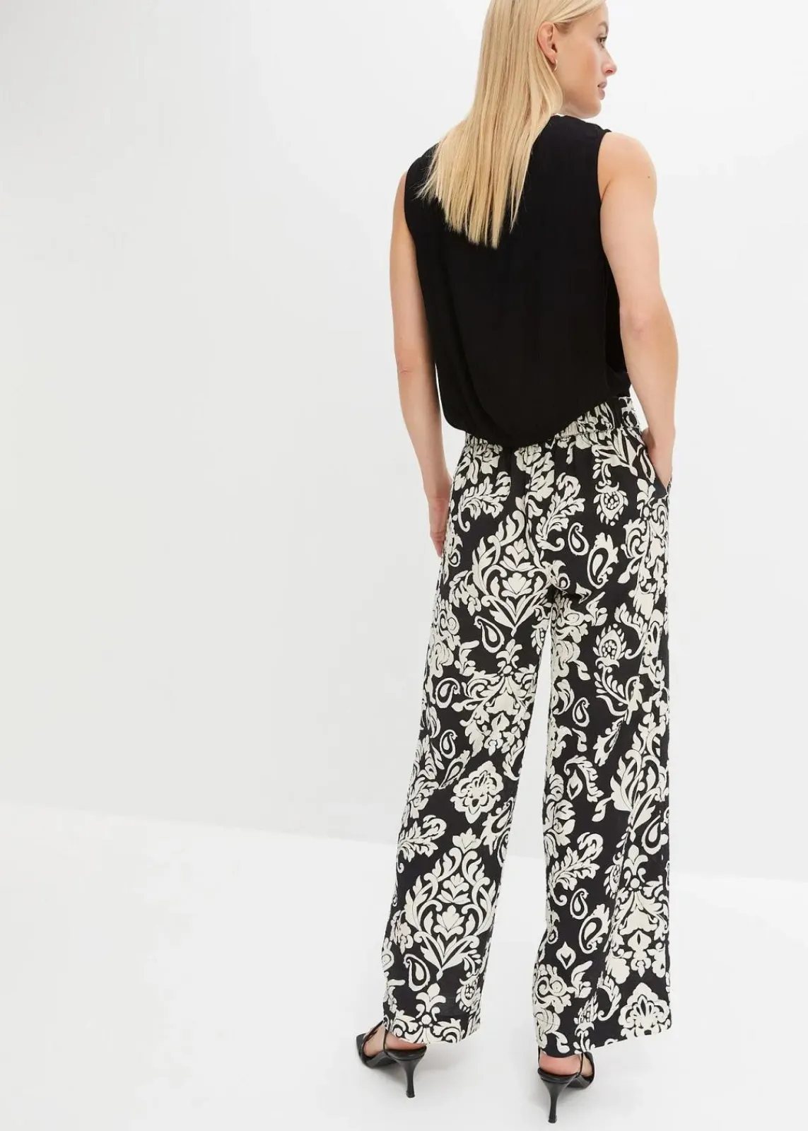 bonprix Bekleidung·Kleider|Hosen^Palazzo-Hose mit Bequembund schwarz/kieselbeige graphisch bedruckt