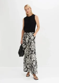 bonprix Bekleidung·Kleider|Hosen^Palazzo-Hose mit Bequembund schwarz/kieselbeige graphisch bedruckt