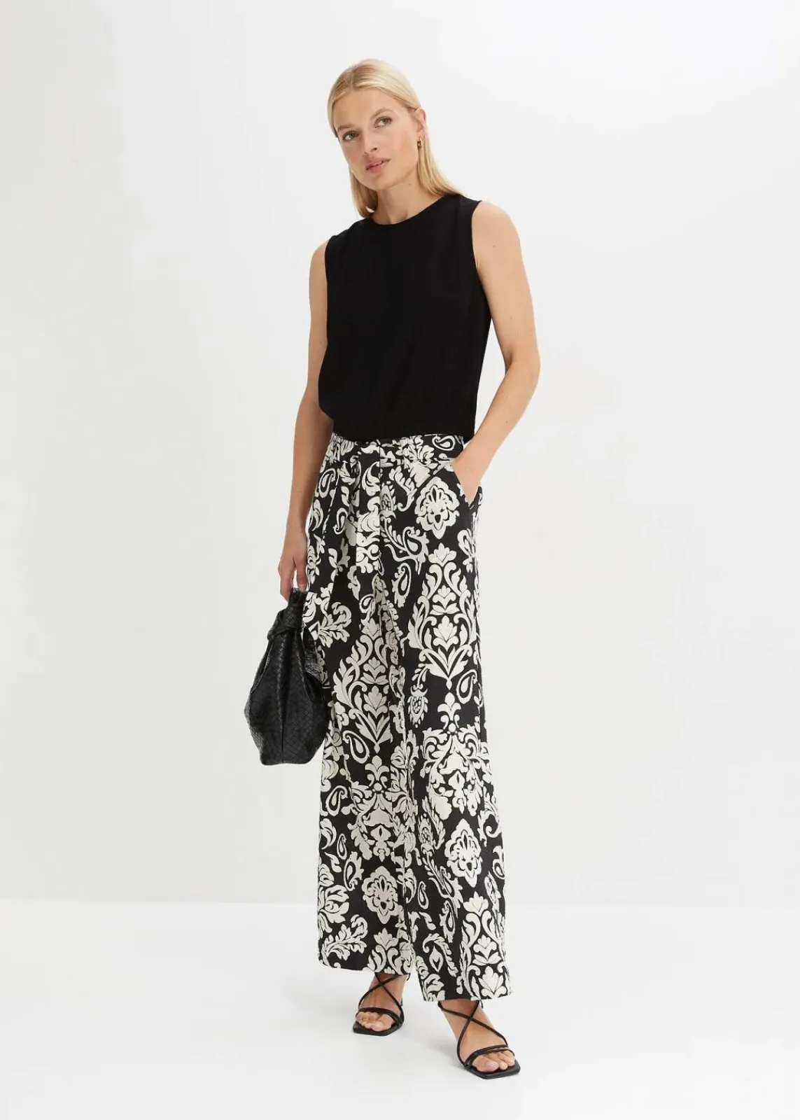 bonprix Bekleidung·Kleider|Hosen^Palazzo-Hose mit Bequembund schwarz/kieselbeige graphisch bedruckt