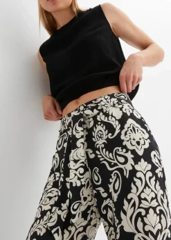 bonprix Bekleidung·Kleider|Hosen^Palazzo-Hose mit Bequembund schwarz/kieselbeige graphisch bedruckt