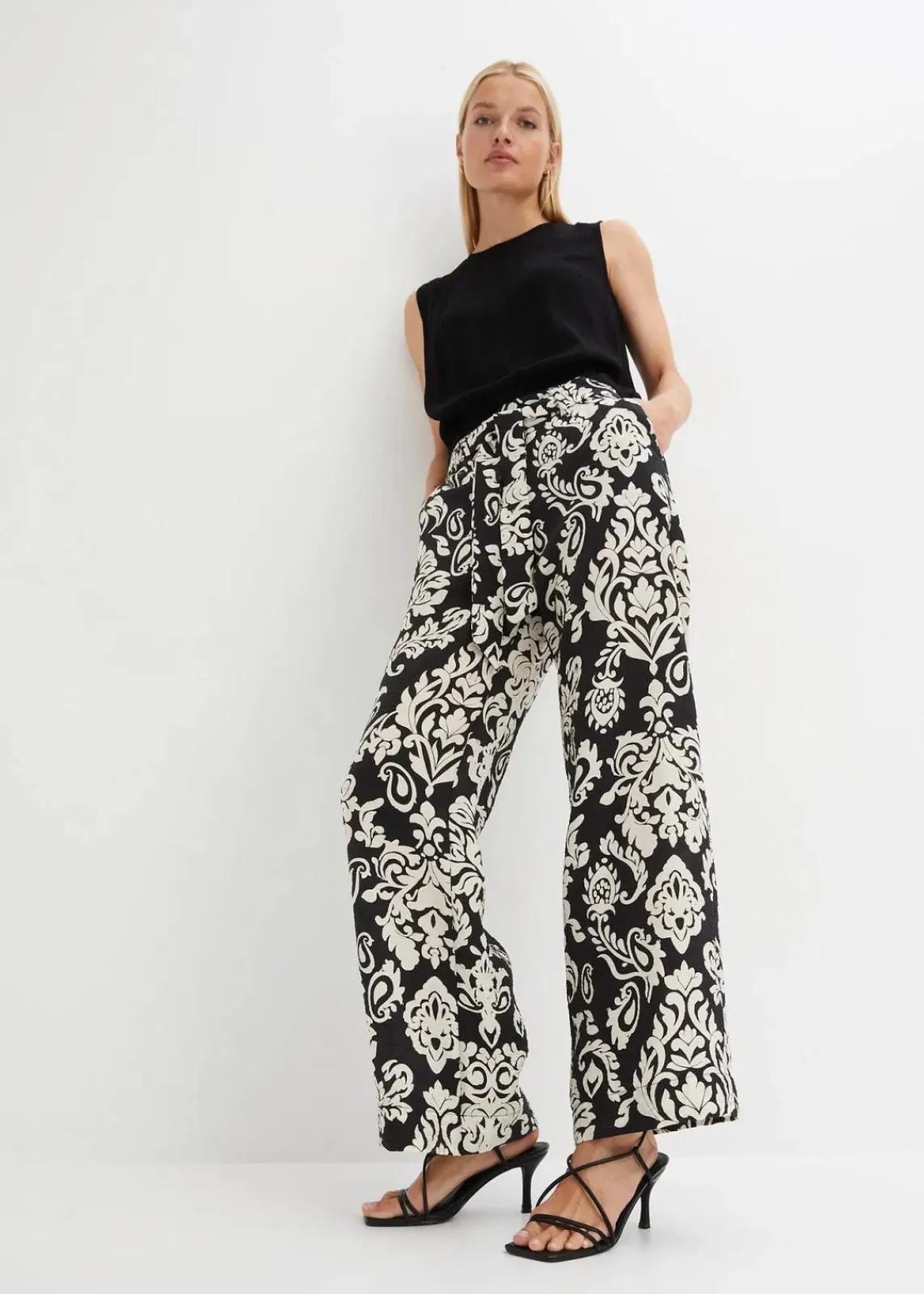 bonprix Bekleidung·Kleider|Hosen^Palazzo-Hose mit Bequembund schwarz/kieselbeige graphisch bedruckt