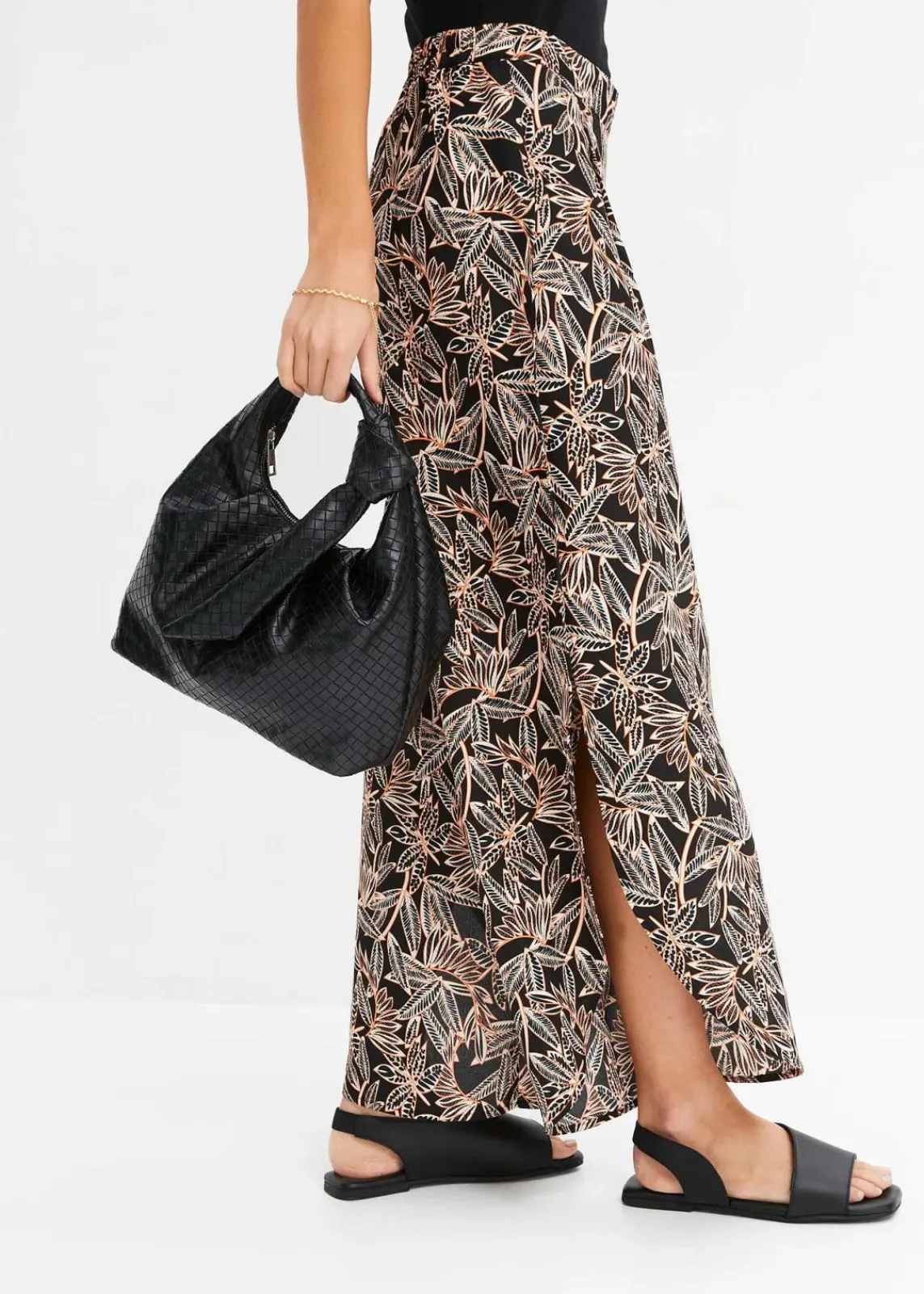 bonprix Bekleidung·Kleider|Hosen^Palazzo-Hose mit Schlitz schwarz/orange/natur bedruckt