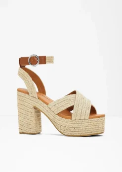 bonprix Sommerschuhe^Plateau-Sandaletten in Bast-Optik natur/cognac
