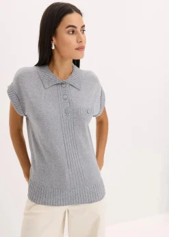 bonprix Strickmode|Pullover & Strickjacken^Polo-Pullover mit Baumwolle rauchblau meliert