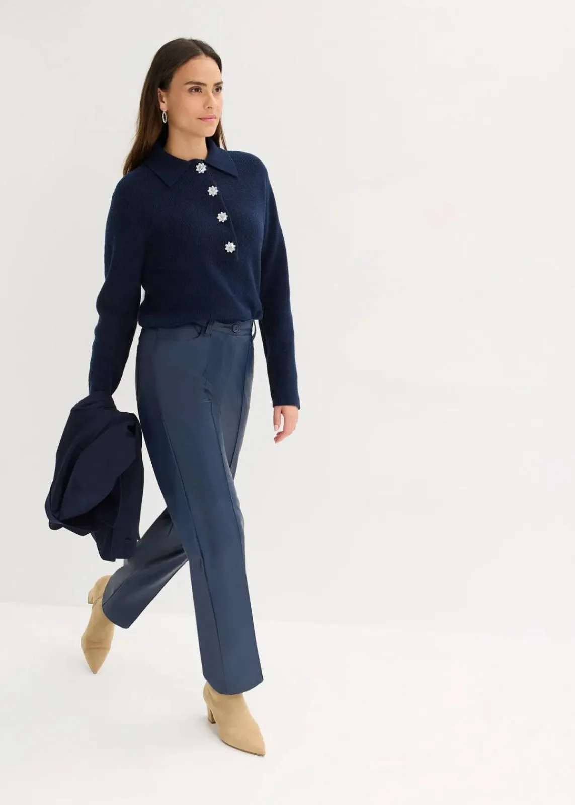 bonprix Pullover & Strickjacken|Strickmode^Polo-Pullover mit Wollanteil dunkelblau