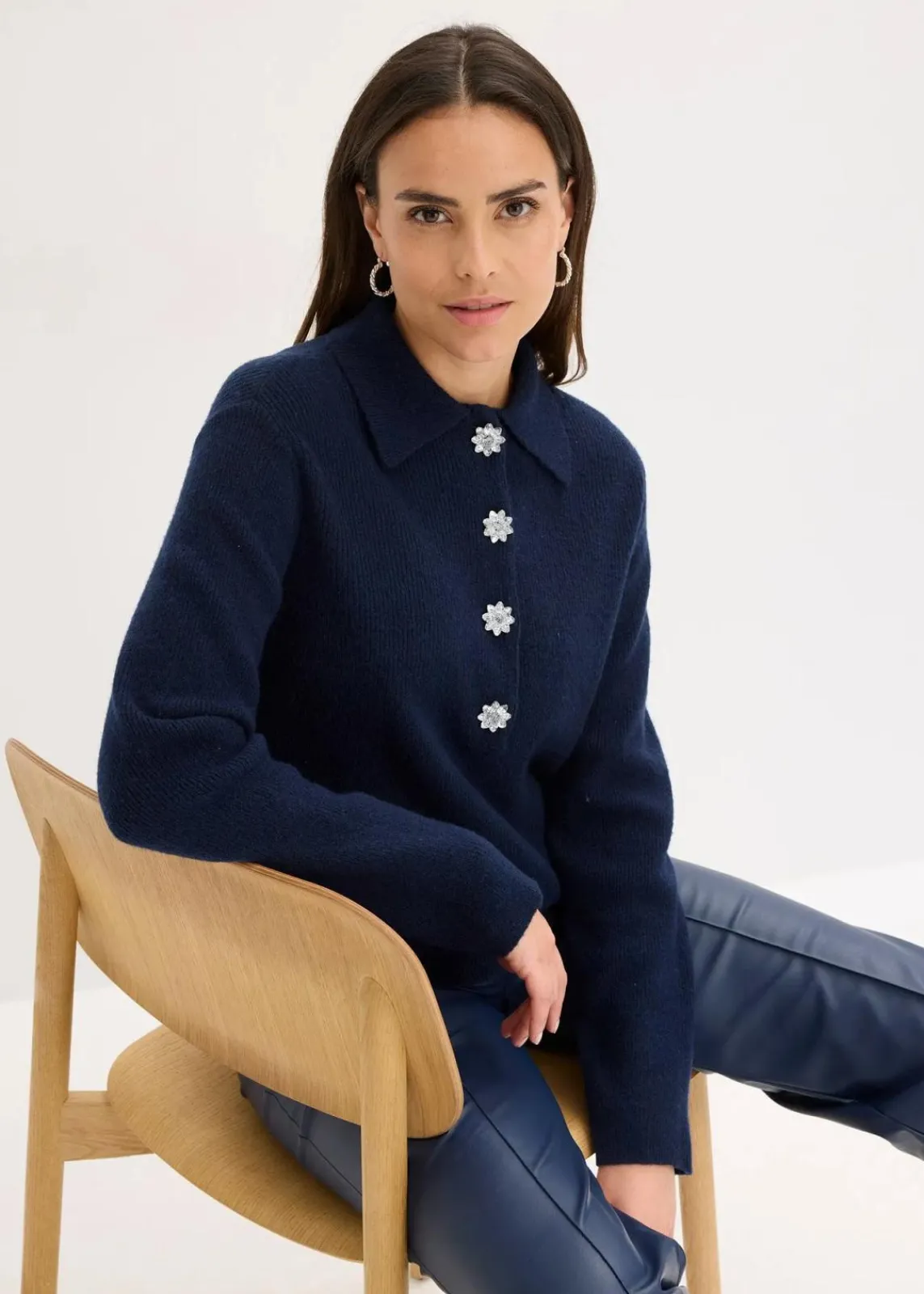 bonprix Pullover & Strickjacken|Strickmode^Polo-Pullover mit Wollanteil dunkelblau