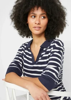 bonprix Shirts & Tops^Poloshirt aus Baumwolle-Viskose Mix dunkelblau/weiß gestreift