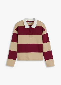 bonprix Bekleidung·Blusen & Tuniken|Sweat^Poloshirt aus reiner Bio-Baumwolle pflaumenrot/grünbeige quer gestreift