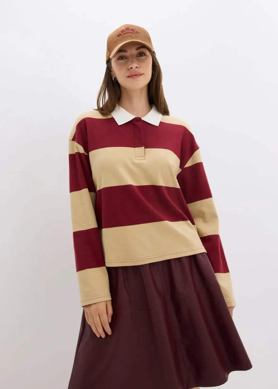 bonprix Bekleidung·Blusen & Tuniken|Sweat^Poloshirt aus reiner Bio-Baumwolle pflaumenrot/grünbeige quer gestreift