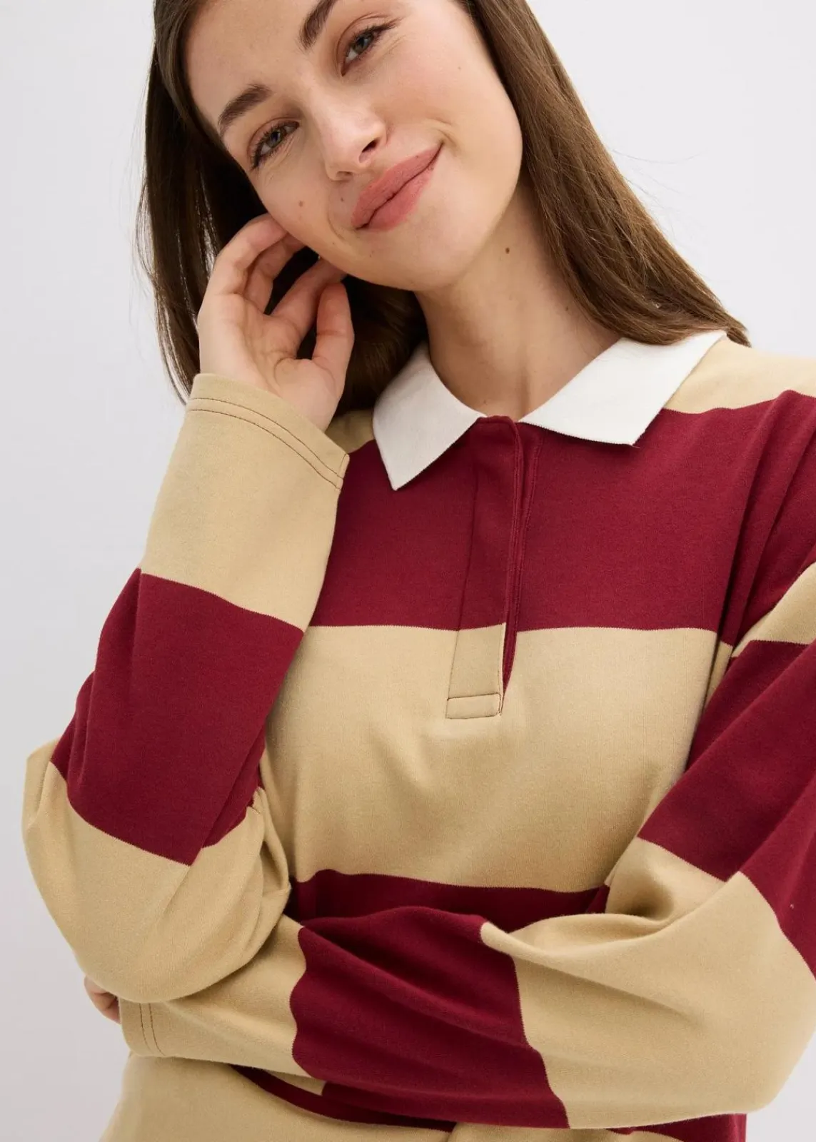 bonprix Bekleidung·Blusen & Tuniken|Sweat^Poloshirt aus reiner Bio-Baumwolle pflaumenrot/grünbeige quer gestreift