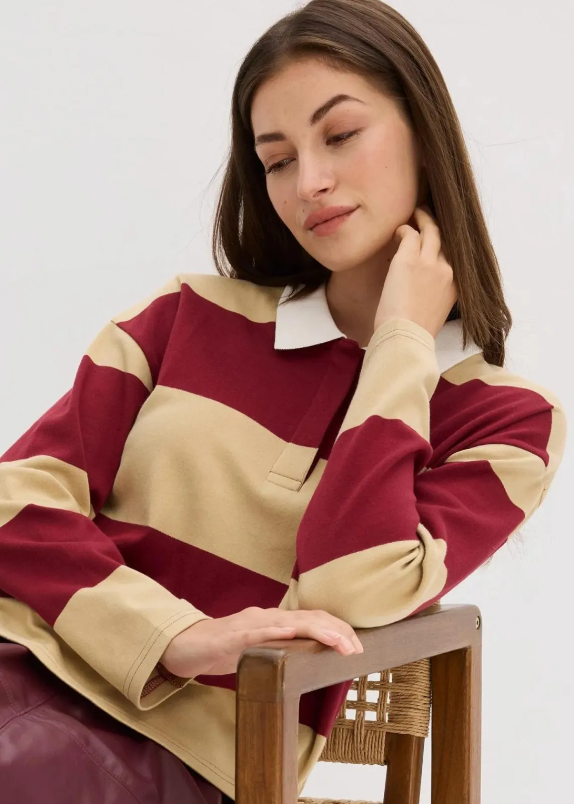 bonprix Bekleidung·Blusen & Tuniken|Sweat^Poloshirt aus reiner Bio-Baumwolle pflaumenrot/grünbeige quer gestreift