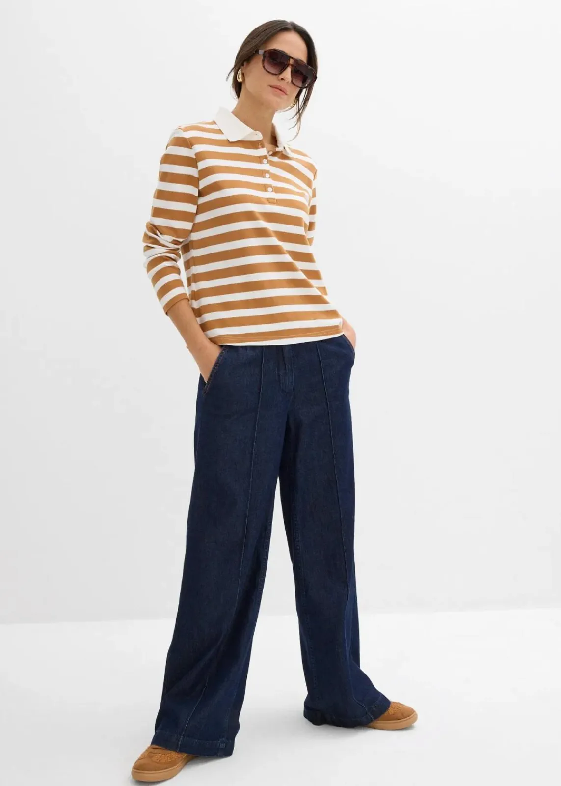 bonprix Shirts & Tops|Basics^Poloshirt aus schwerer Bio-Baumwolle wollweiß/haselnuss gestreift