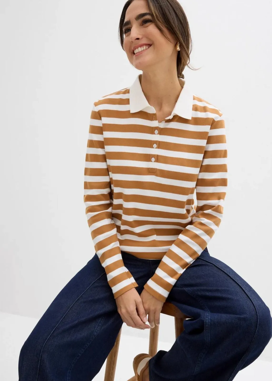 bonprix Shirts & Tops|Basics^Poloshirt aus schwerer Bio-Baumwolle wollweiß/haselnuss gestreift
