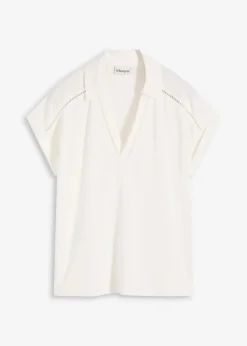 bonprix Shirts & Tops^Poloshirt aus Viskose- Pique mit Spitzeneinsatz wollweiß