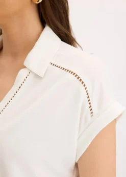 bonprix Shirts & Tops^Poloshirt aus Viskose- Pique mit Spitzeneinsatz wollweiß