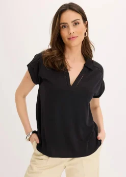 bonprix Shirts & Tops^Poloshirt aus Viskose- Pique mit Spitzeneinsatz schwarz