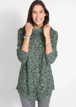 bonprix Strickmode|Pullover & Strickjacken^Poncho-Longpullover, Langarm tiefgrün meliert