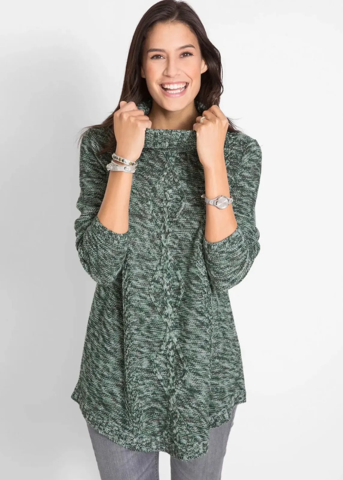 bonprix Strickmode|Pullover & Strickjacken^Poncho-Longpullover, Langarm tiefgrün meliert