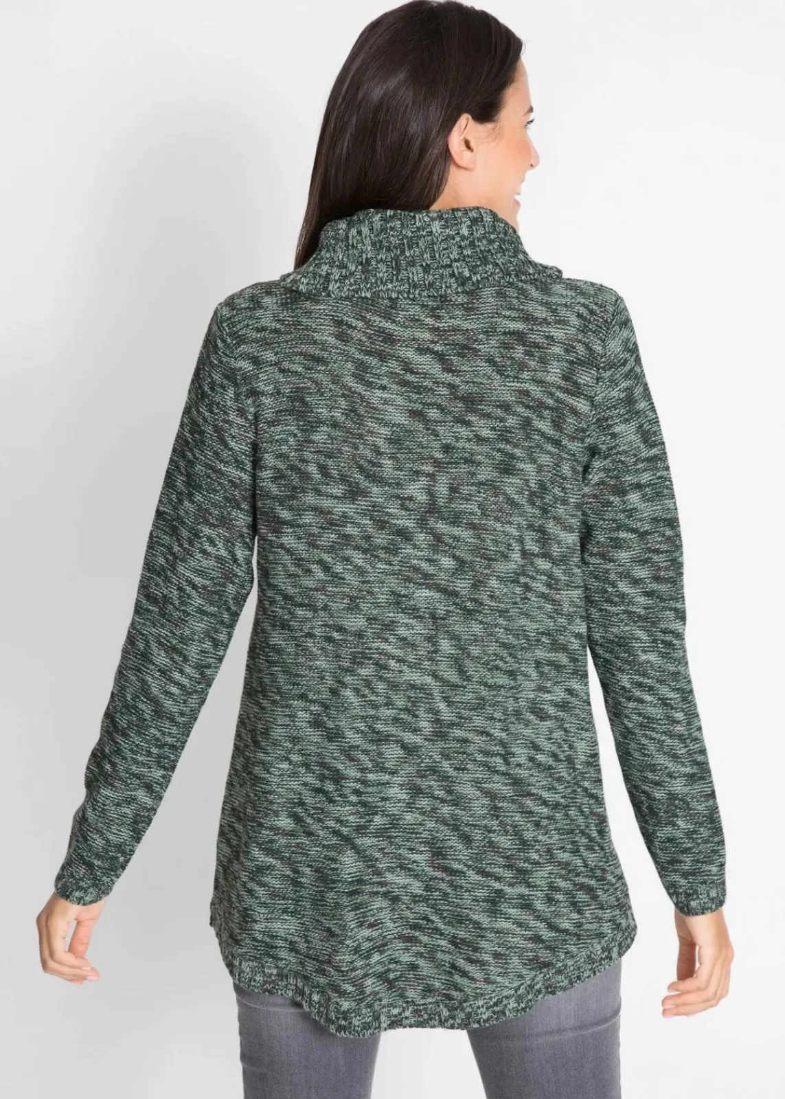 bonprix Strickmode|Pullover & Strickjacken^Poncho-Longpullover, Langarm tiefgrün meliert