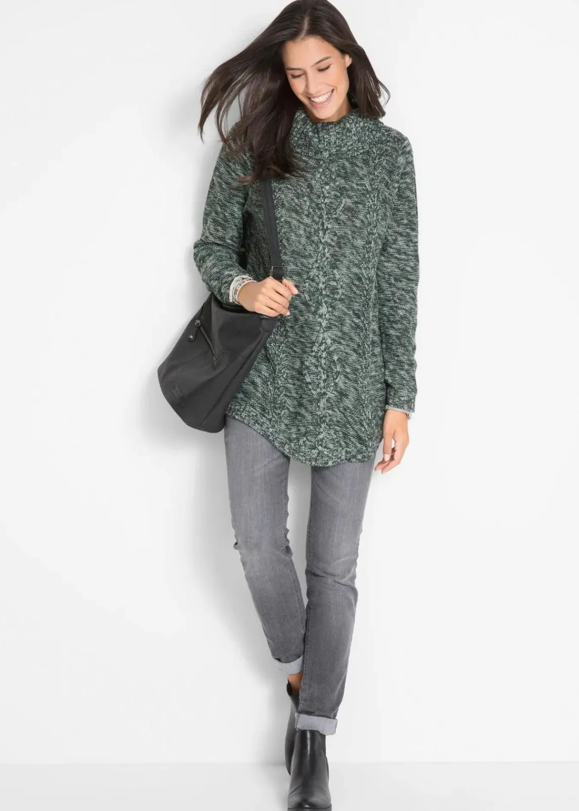 bonprix Strickmode|Pullover & Strickjacken^Poncho-Longpullover, Langarm tiefgrün meliert