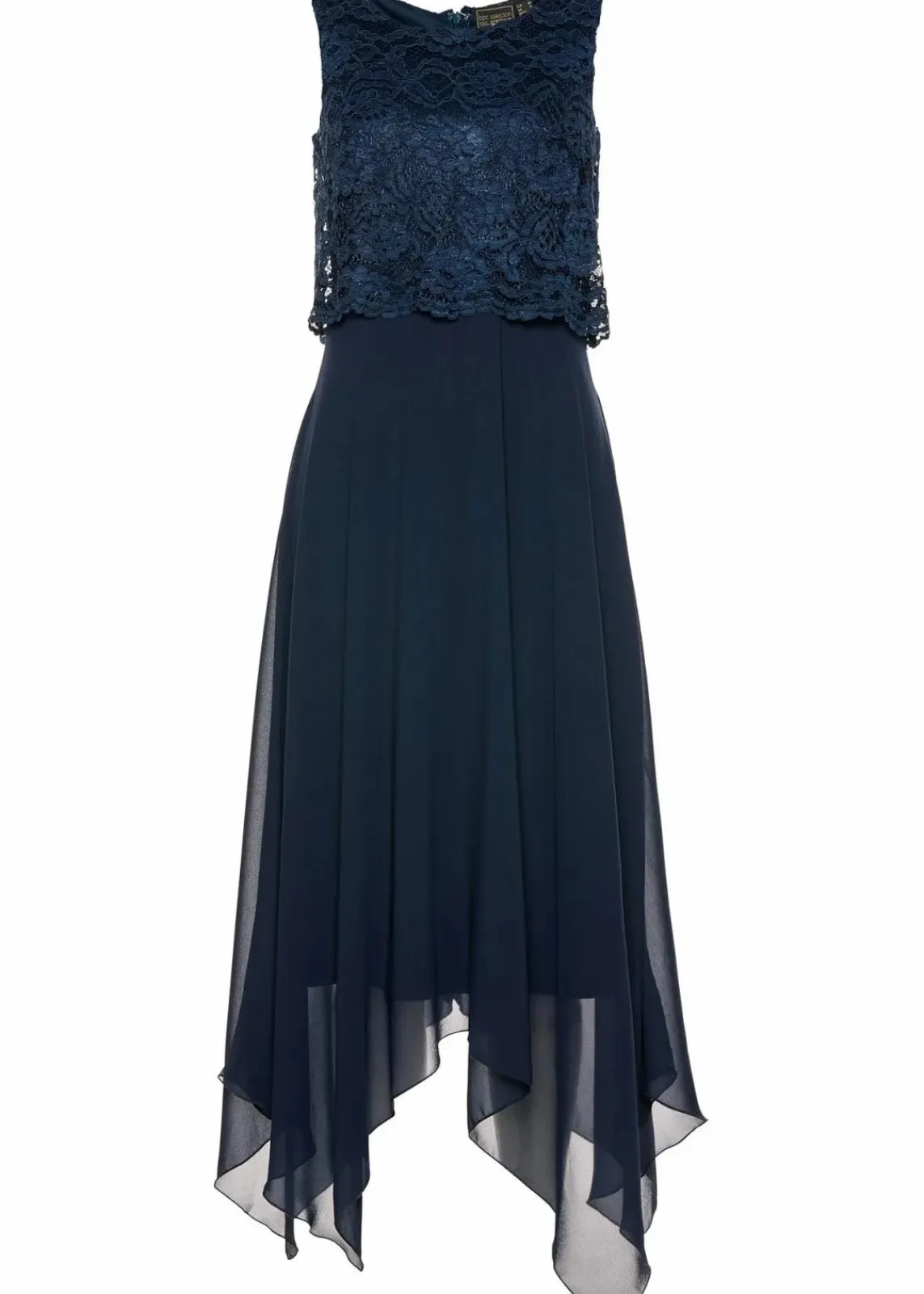 bonprix Kurzgrößen|Bekleidung·Pullover & Strickjacken^Premium Chiffonkleid mit Spitze dunkelblau