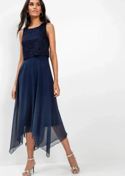 bonprix Kurzgrößen|Bekleidung·Pullover & Strickjacken^Premium Chiffonkleid mit Spitze dunkelblau