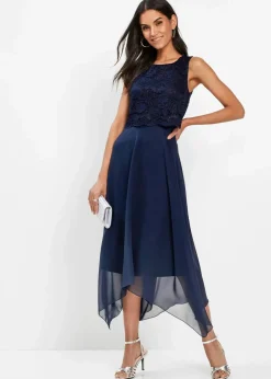 bonprix Kurzgrößen|Bekleidung·Pullover & Strickjacken^Premium Chiffonkleid mit Spitze dunkelblau