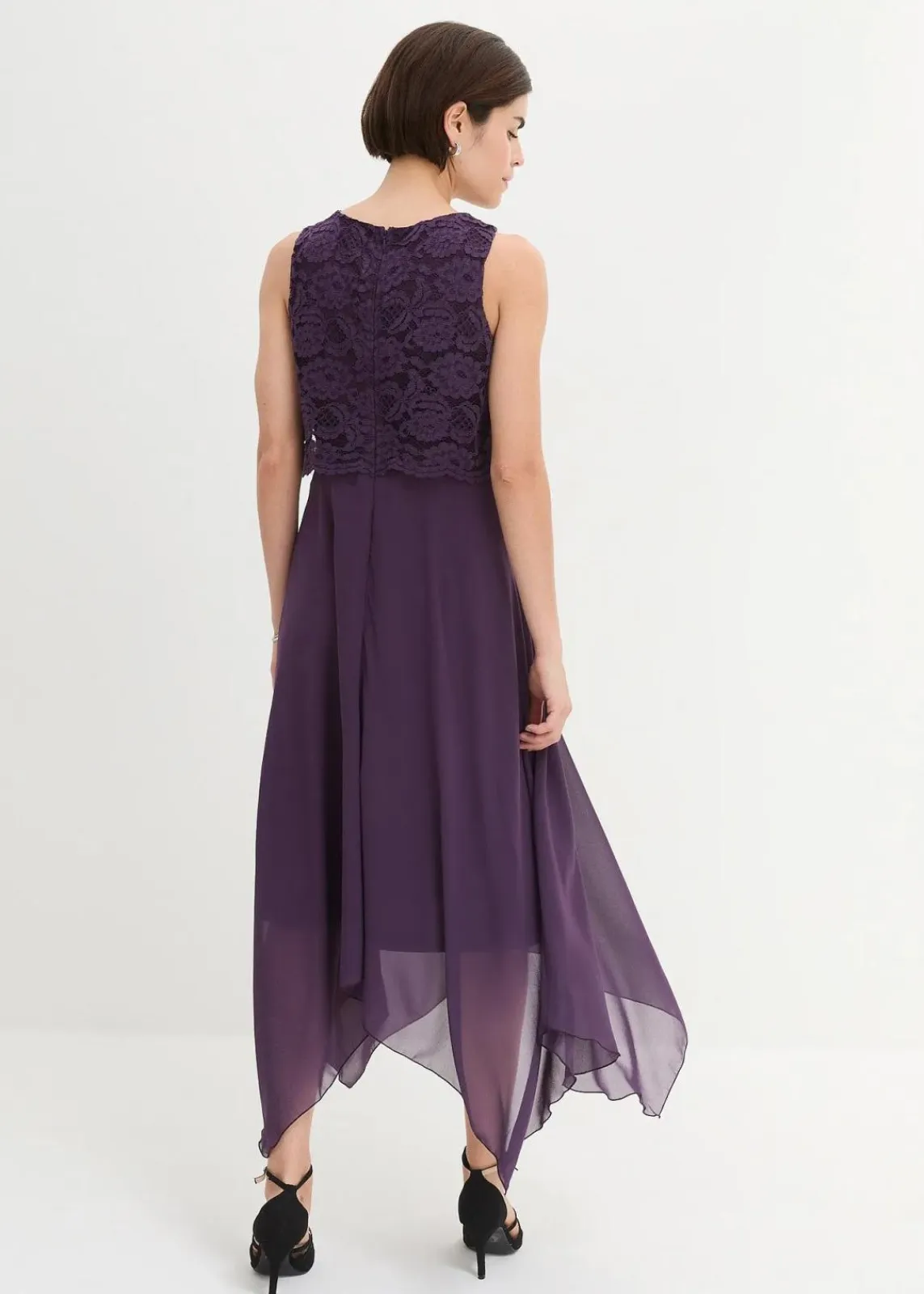 bonprix Kleider|Festliche Mode^Premium Chiffonkleid mit Spitze dunkellila
