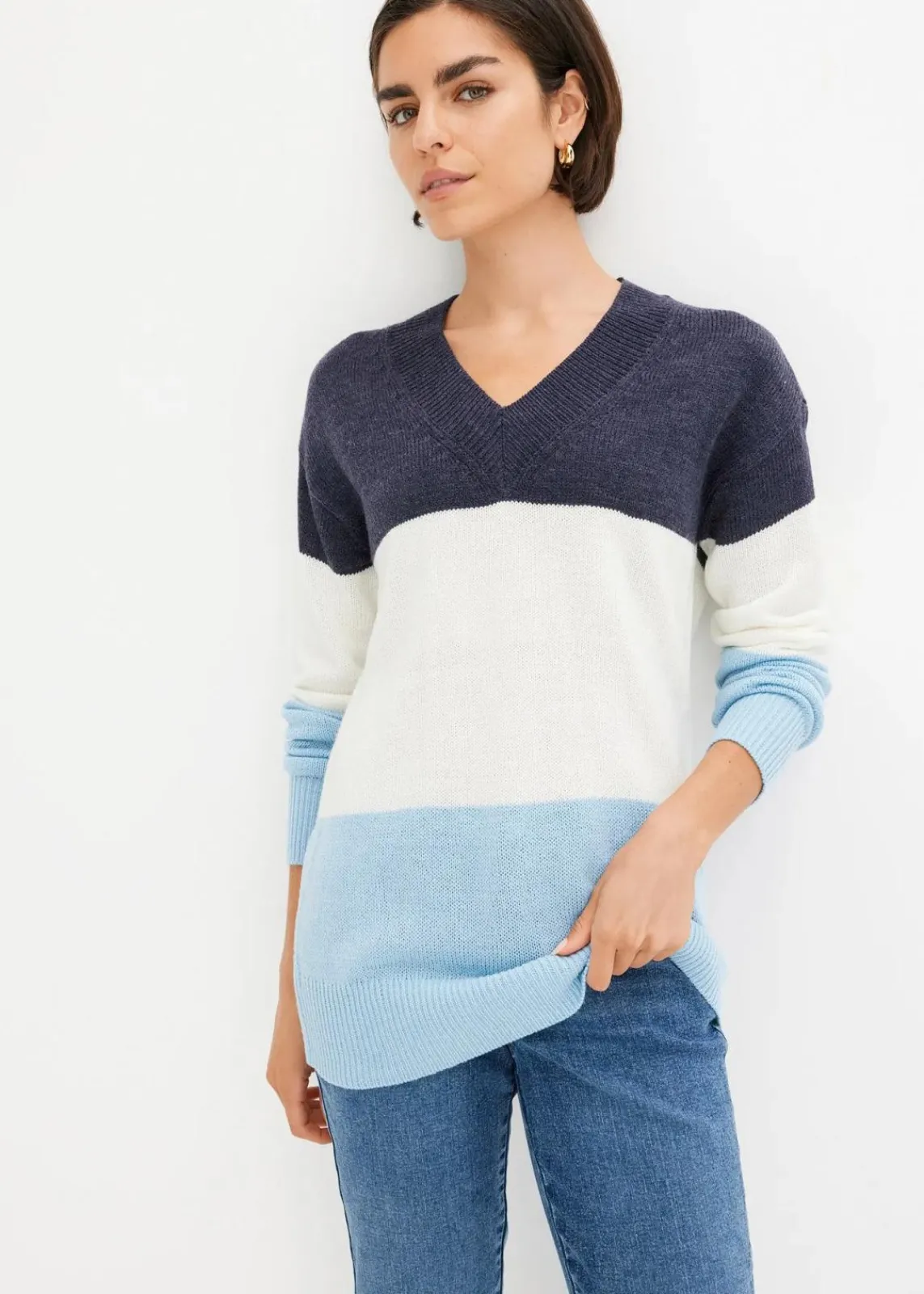 bonprix Bekleidung·Umstandsmode|Pullover & Strickjacken^Pullover wollweiß/dunkelblau/topazblau gestreift