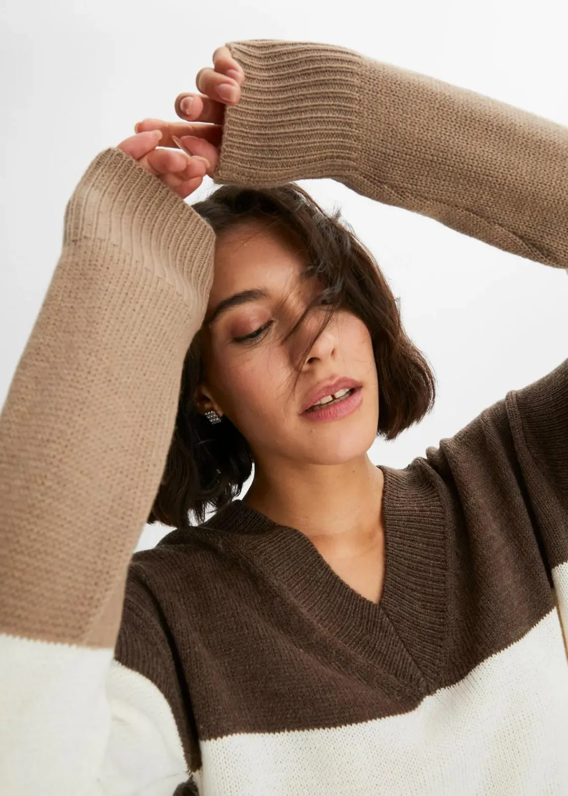 bonprix Bekleidung·Umstandsmode|Pullover & Strickjacken^Pullover taupe/weiß/braun gestreift
