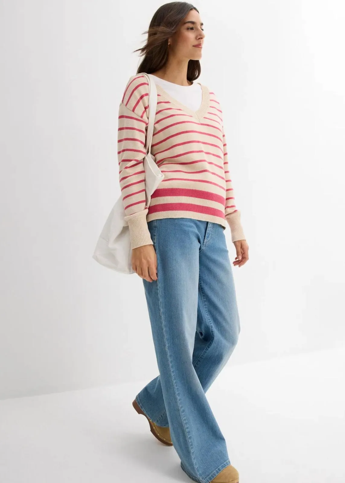 bonprix Bekleidung·Umstandsmode|Bekleidung·Jeans^Pullover aus Baumwollmix mediumpink/kieselbeige gestreift