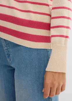 bonprix Bekleidung·Umstandsmode|Bekleidung·Jeans^Pullover aus Baumwollmix mediumpink/kieselbeige gestreift