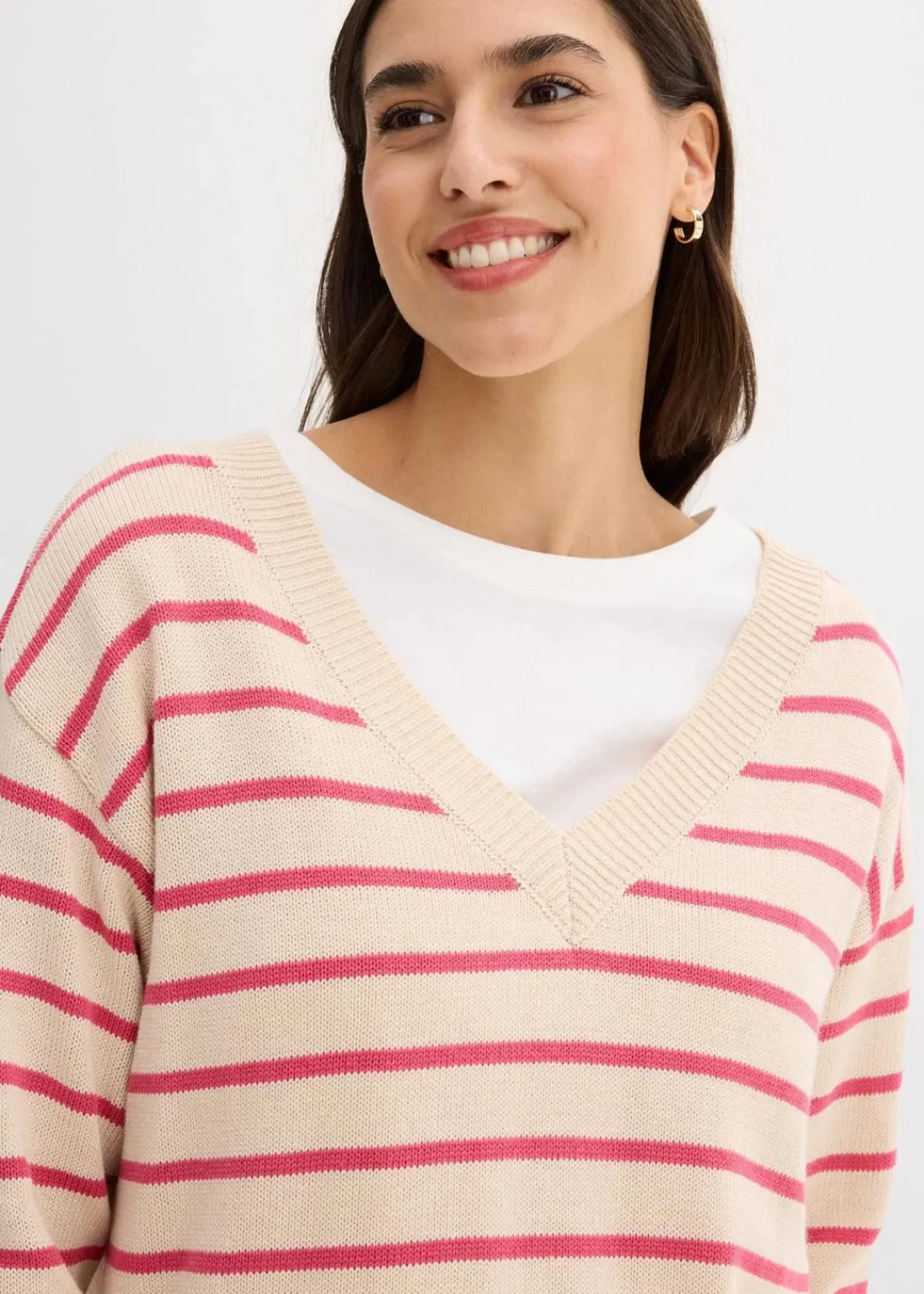 bonprix Bekleidung·Umstandsmode|Bekleidung·Jeans^Pullover aus Baumwollmix mediumpink/kieselbeige gestreift