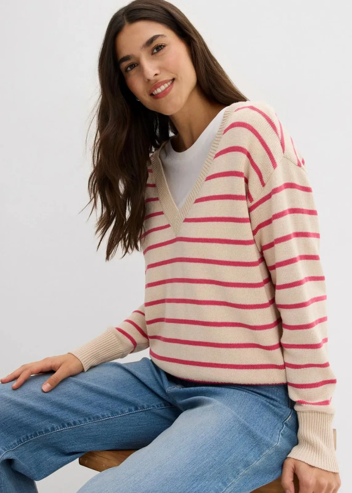 bonprix Bekleidung·Umstandsmode|Bekleidung·Jeans^Pullover aus Baumwollmix mediumpink/kieselbeige gestreift