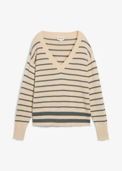 bonprix Pullover & Strickjacken|Strickmode^Pullover aus Baumwollmix eukalyptusgrün/kieselbeige gestreift